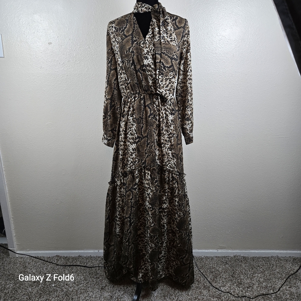 Animal‎ Print Maxi Dress Snake Leopard Tie Neck Long Sleeve | Fits M–L